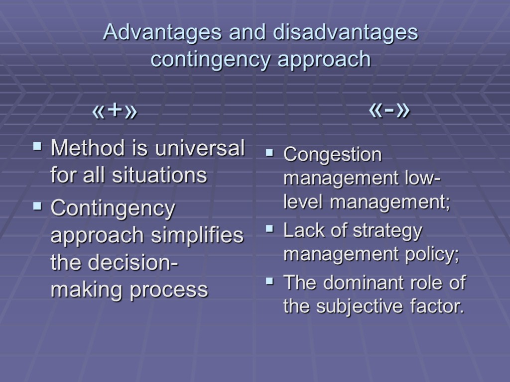 «+» Method is universal for all situations Contingency approach simplifies the decision-making process «-»